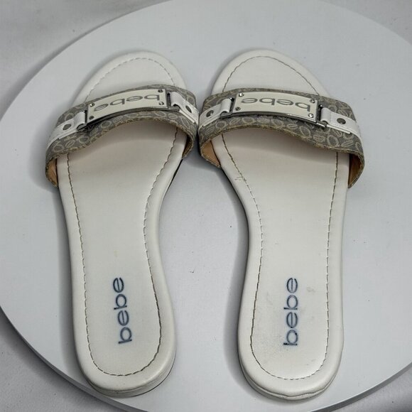 VTG 90s Y2K Bebe Beige Monogram Slide Sandals White Leather Flats Women’s 7.5 - Picture 6 of 9